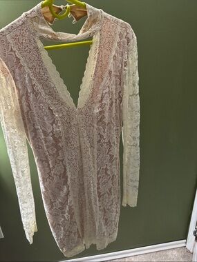 Sheer Lace Long Sleeve Mini Dress in Ivory